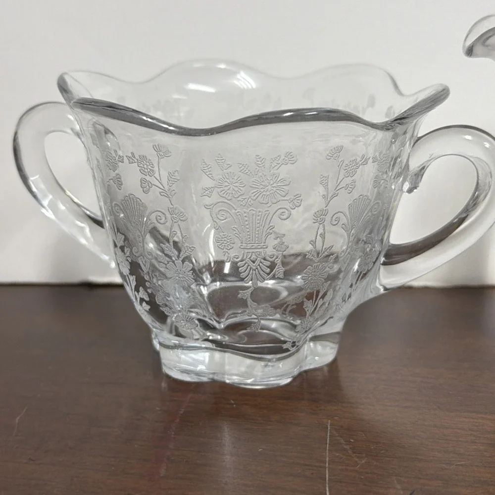 Duncan & Miller Canterbury Line‎ Etched Glass Cream and Sugar Bowl Floral Design